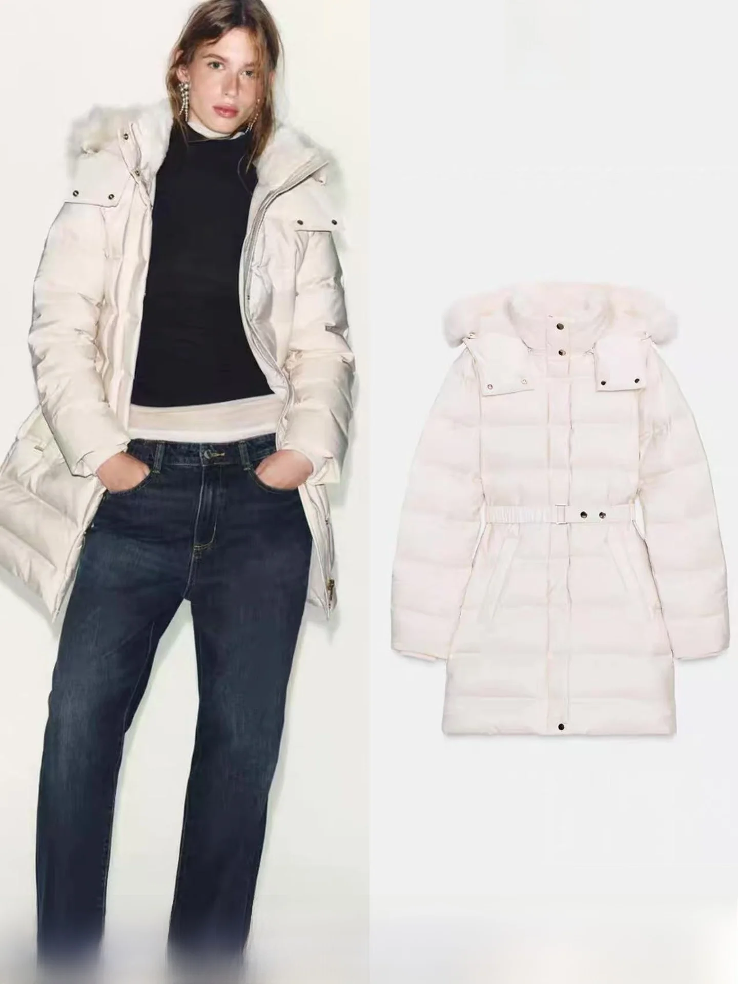 

Winter New Women's Mid-Length Detachable Faux Fur Effect down Jacket Cotton Coat with Hood Elegant Style White Goose down Fil...