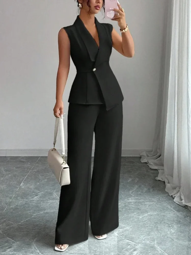 Autumn Summer Womens Sleeveless V-Neck Suit Pant Sets High Waist Office 2 Piece Set Women Outfits Elegant Party Women's Clothing