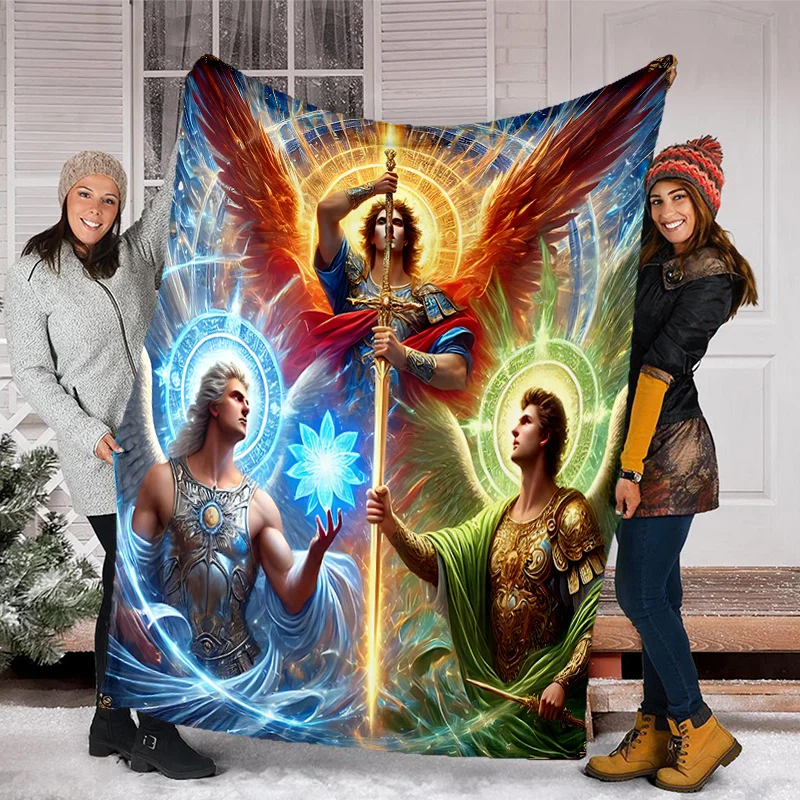 Bright Glowing Halo Three Winged Archangel Holy Sword Lotus Flannel Throw Blanket, Soft Sofa Blanket, Religious Faith Decor Gift