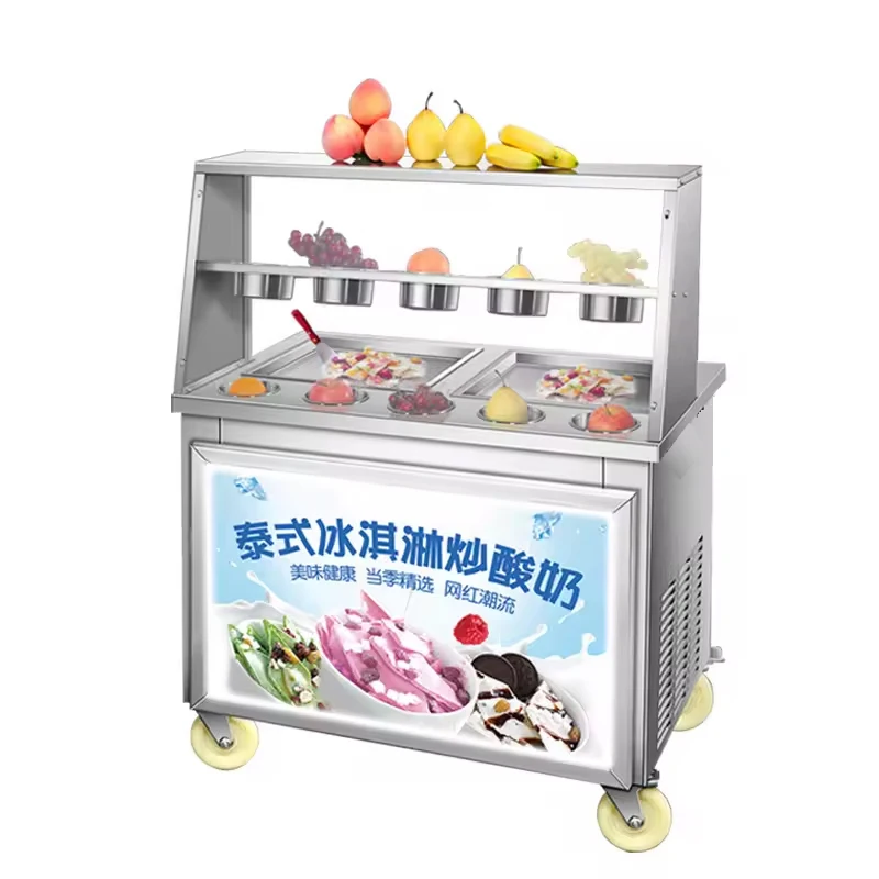 

Thai Fried Ice Cream Trolley 2 Pan Frying Ice Cream Rolls Machine Stir-fried Yogurt Maker With Mixed Fruit Nuts