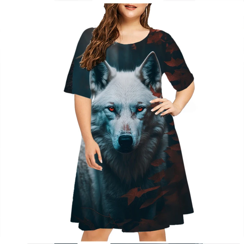 Oversized Dresses For Women Wolf Print Streetwear Fashion Short Sleeve Punk Woman Clothes Plus Size Clothing Summer Female Dress