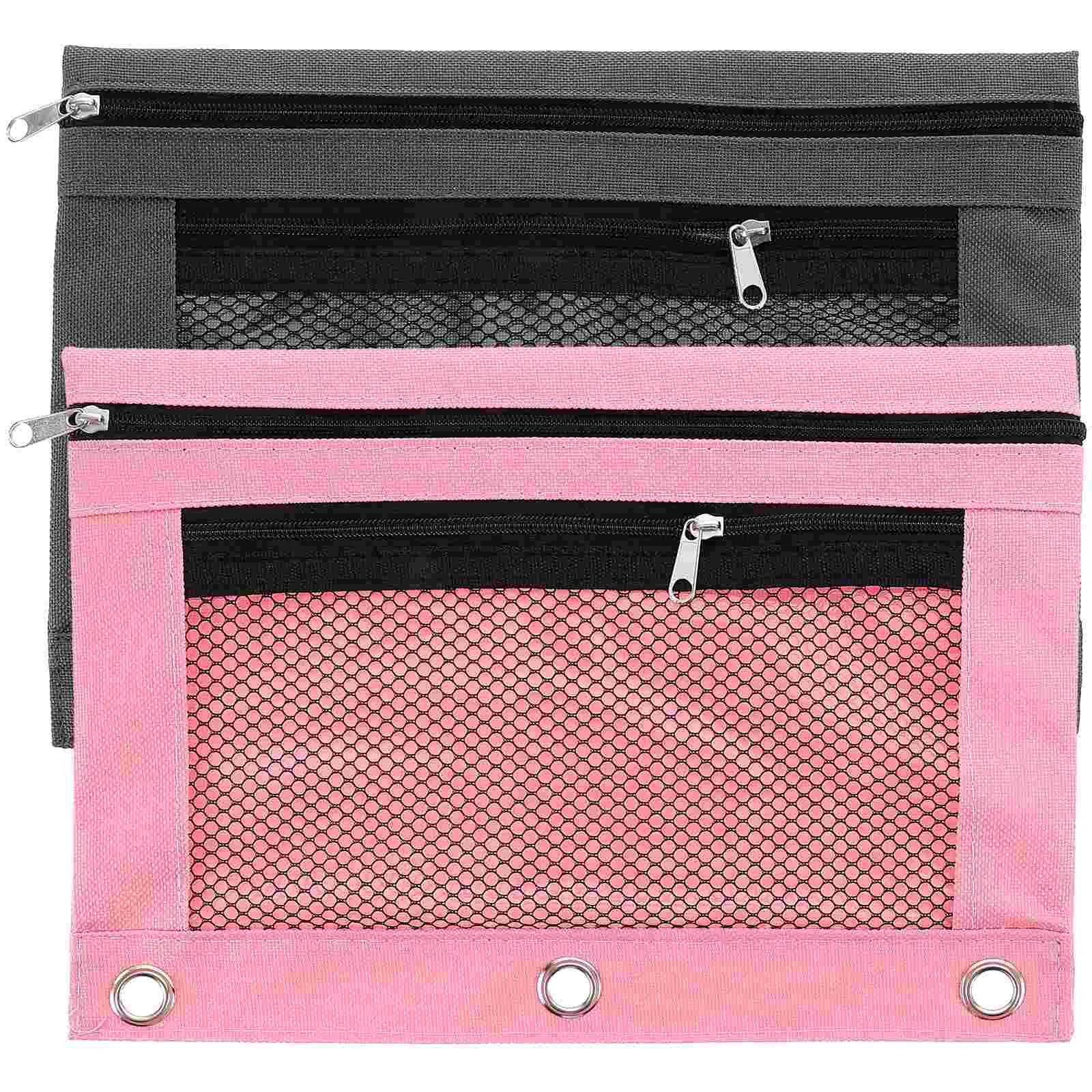 

2 Pcs Double Layer Pen Case Oxford Cloth Binder Pencil Pouch Zipper Travel Loose Leaf Bag Grey Office School Supplies Wear