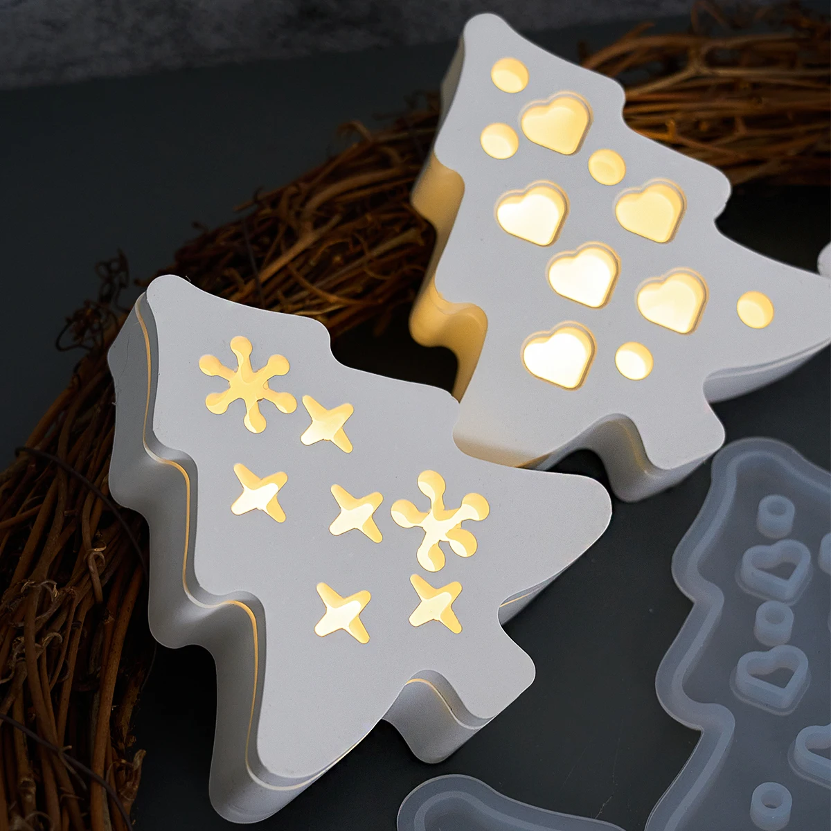 Weihnachten Ornament Atmosphäre Licht Silikon Form DIY Handgemachte Hohl Baum Gips Harz Süßigkeiten Geschenk Lagerung Box Handwerk Formen