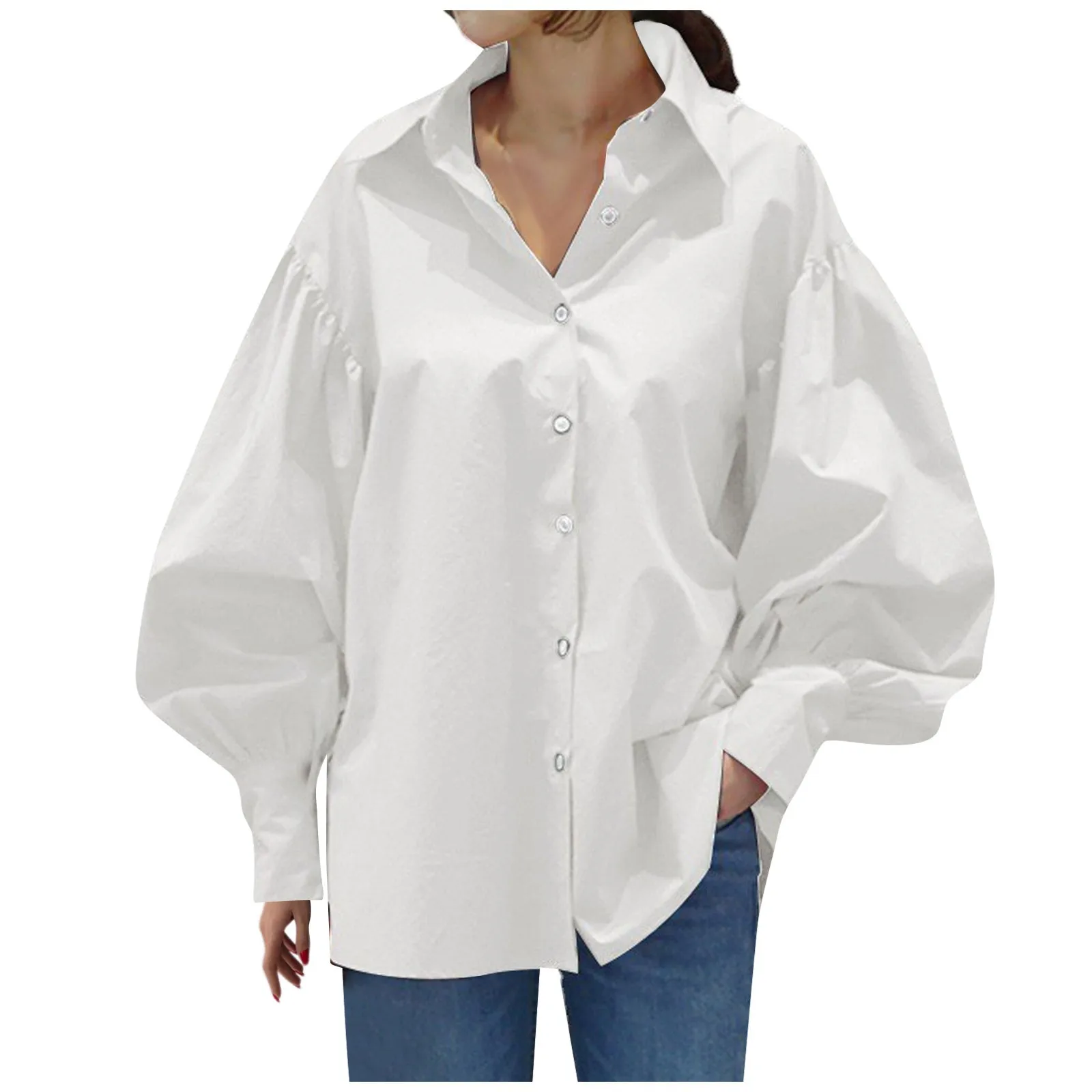 Oversized Casual Long Lantern Sleeve Lapel Button-down Blouse Of Solid Color For Female Streetwear Basic Shirts Women Elbow