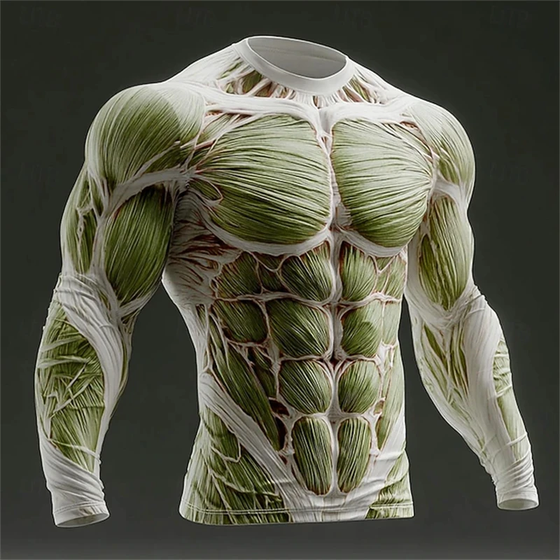 2026 Neues Herren 3D-Muskel-Print Langarm-T-Shirt Fitness Rundhals Atmungsaktive Sportbekleidung Stylische Auffällige Alltags-Streetwear – Detail 13