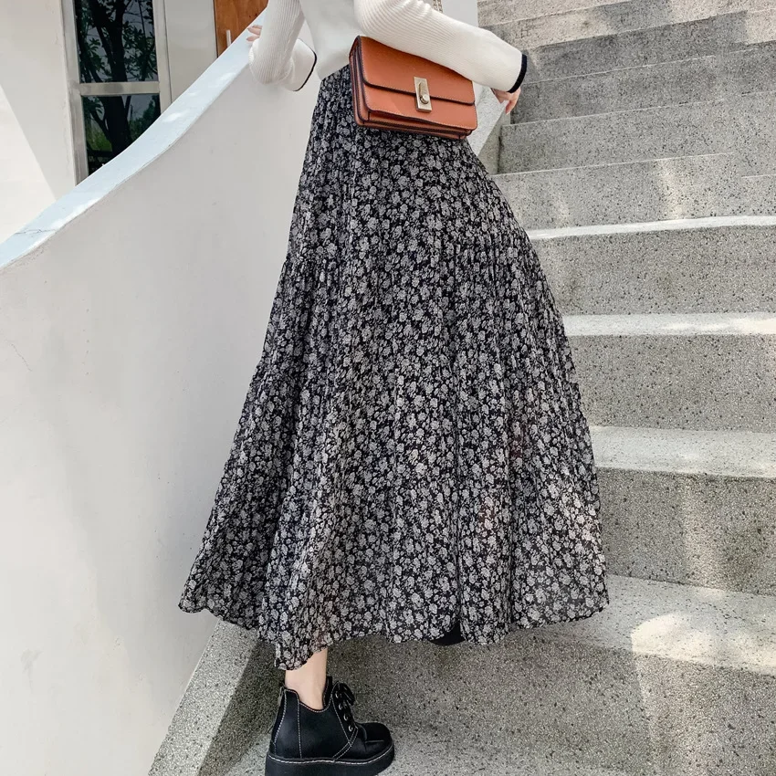 2024 autunno inverno donna gonna floreale a-line gonna a vita alta femminile tinta unita gonna di media lunghezza in chiffon coreano dolce Streetwear
