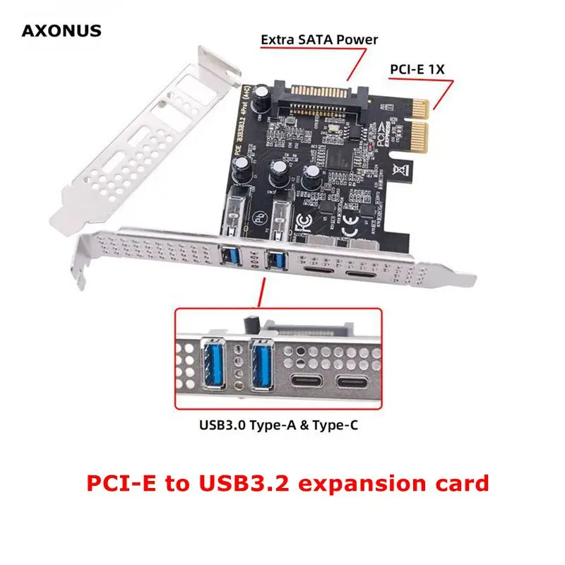 4 Port PCI-E 1X to 2 USB 3.0/USB C HUB PCI Express Expansion Card Adapter with 80/120mm PCI-E Slot Bracket with Extra SATA Power