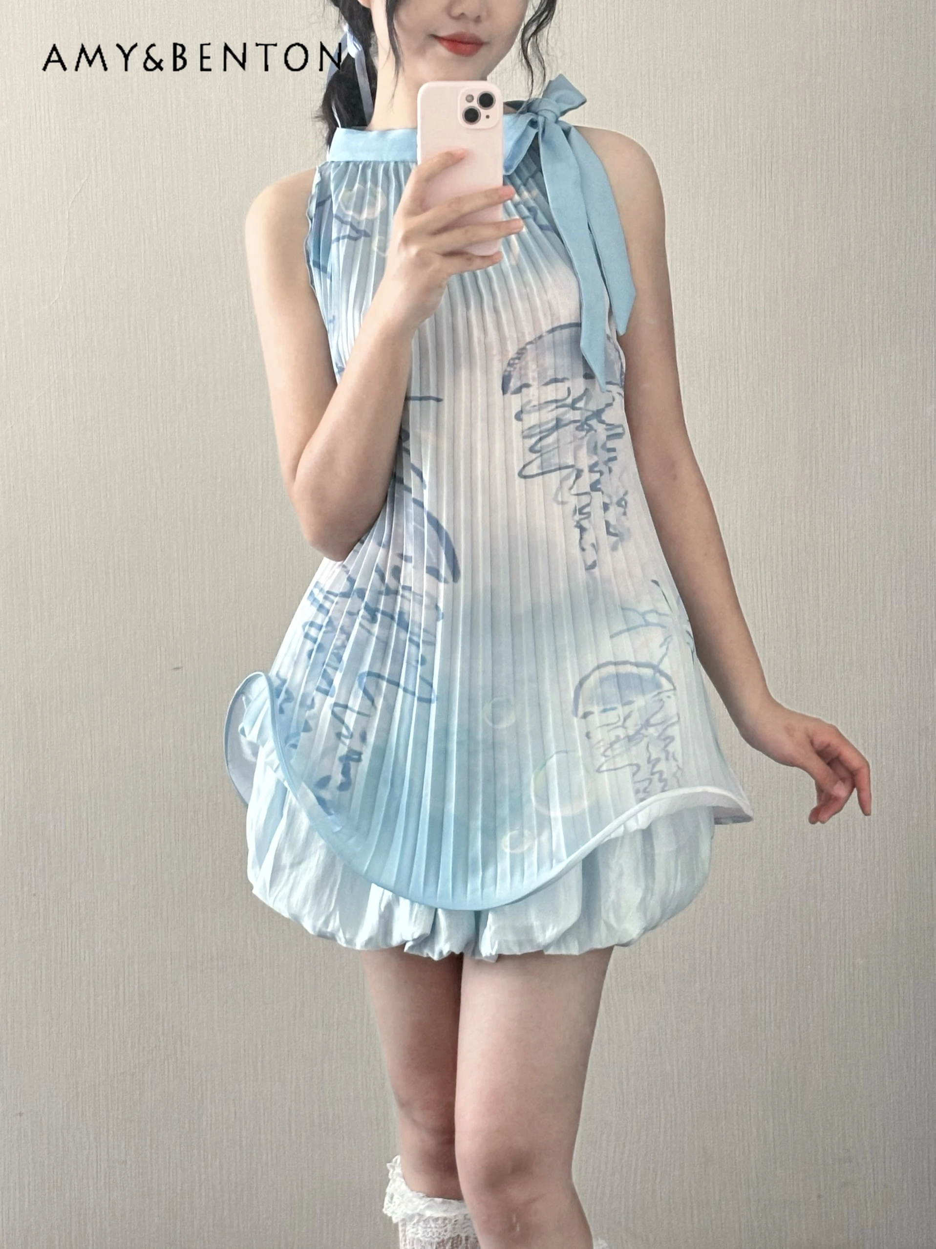 Abito sottoltura stile punk cartone animato stampato a lisca di pesce per le donne Gotico dolce ragazza cool halter onda abito in chiffon Y2K abiti tutu