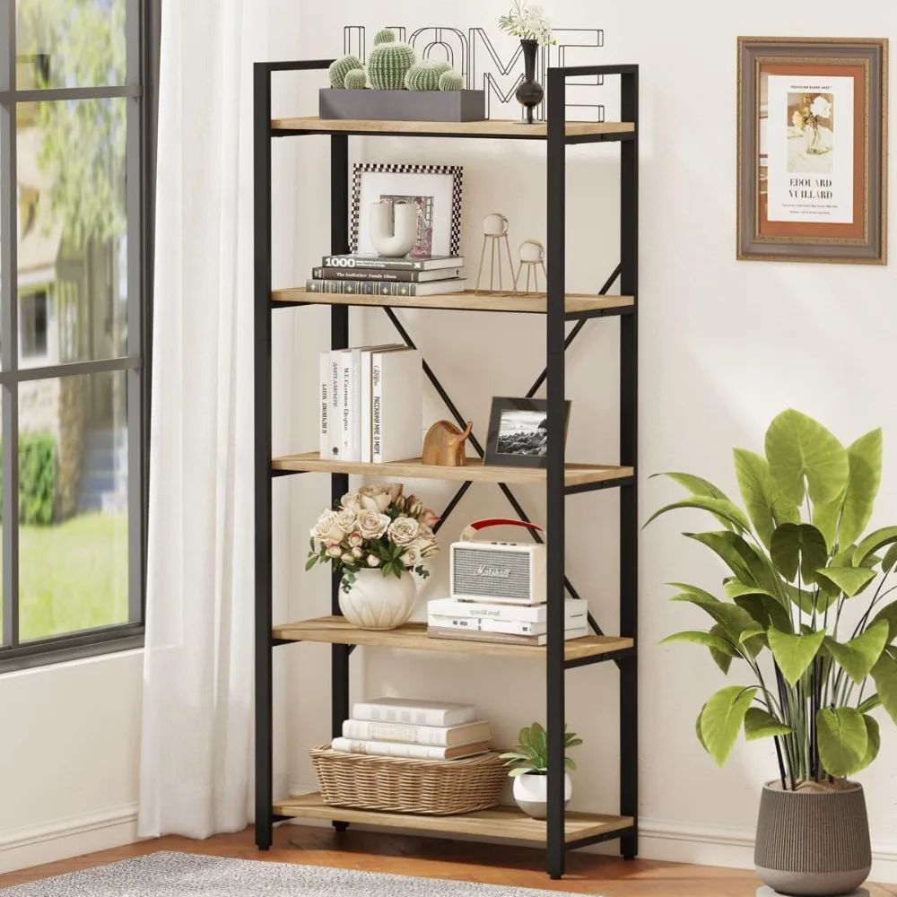 

XMSJ 5 Tier Bookshelf, Industrial Wood and Metal Book Shelves for Display, Tall Etagere Bookcase and Rustic Shelving Unit