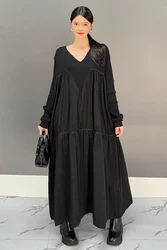 2024 Autumn New Elegant V-Neck Folds Black Loose Long Dress Women Fashion Long Sleeve Dress Wholesale J508