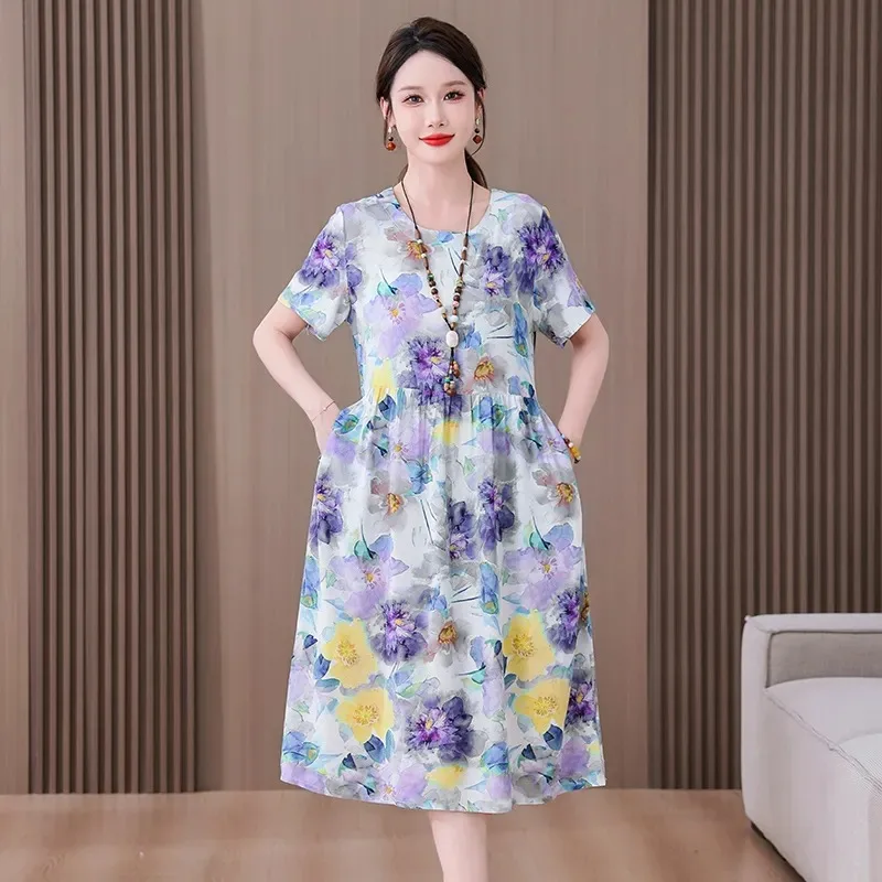 Women's Watercolor Floral Cotton Dress Short Sleeve Loose Casual Plus Size Midi Dress