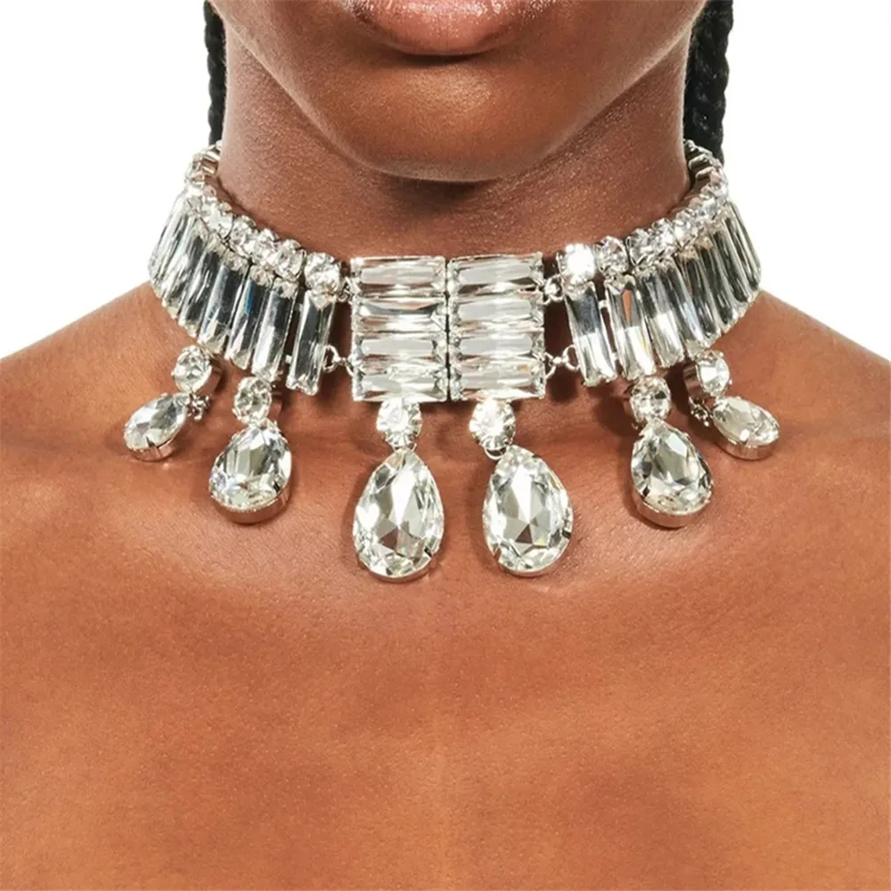 

Luxury Large Crystal Multi Row Rectangle Choker Neckalce Statement Jewelry for Women Rhinestone Water Drop Pendant Collar Choker