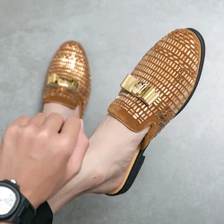 Summer Rhinestone Men Shoes Nightclub Party Trendy Shoes Half Drag Loafers Men's Leather Slip on Breathable Casual Half Slippers