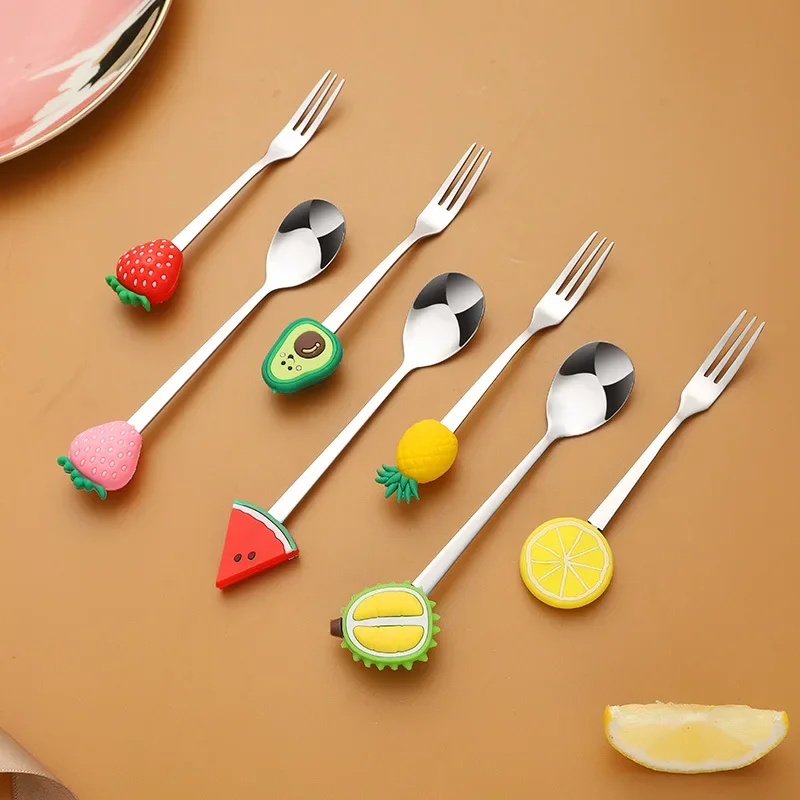 1pc Creative Cute Fruit Shape Dessert Spoon Cartoon Fruit Fork Cake Coffee Stirring Spoon Kitchen Household Tableware Kids Gifts
