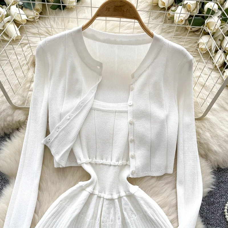 Koreaanse Stijl Vrouwen Korte Witte Gebreide Vest Cinched Taille Jarretel Jurk Pure Desire Stijl Tweedelige Set