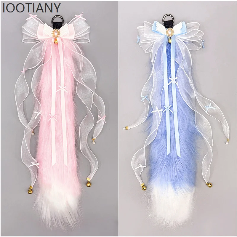 IOOTIANY Damska Urocza Opaska Lolita ze Skrzydłami, Wstążką, Kokardą, Dzwoneczkami, Uszami Misia, Pluszowym Ogonem, Futrzane Uszy Kota/Lisa, Zestaw Akcesoriów do Włosów 2025