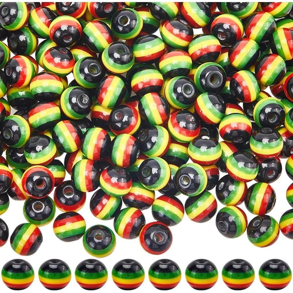 200Pcs Jamaica Beads Striped Bead Bulk 8mm Black Red Green Yellow Resin Round African Reggae Style Mini Loose Spacer kit