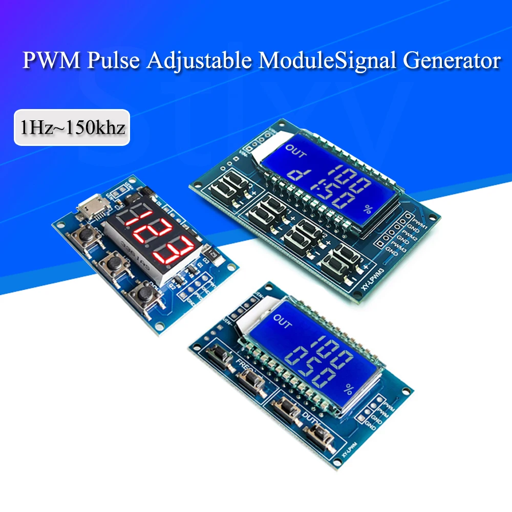 Generator sygnału PWM Częstotliwość impulsów Cykl pracy Regulowany moduł Wyświetlacz LCD 1 Hz-150 Khz 3,3 V-30 V Moduł płytki PWM