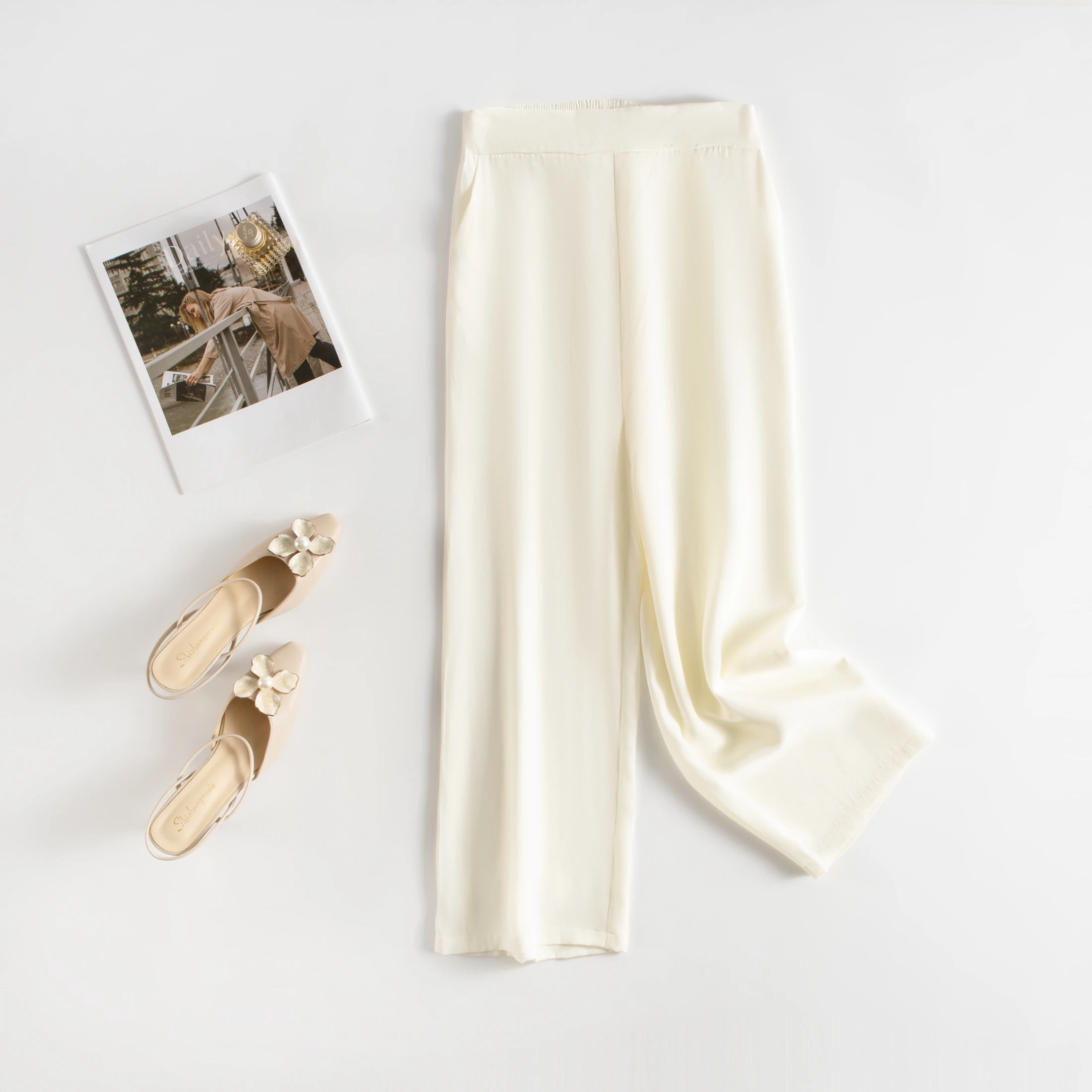 30MM Heavy Weight Natural Mulberry Silk Beige Elastic Waist Casual Versatile Women's Fashionable Wide Leg Pants