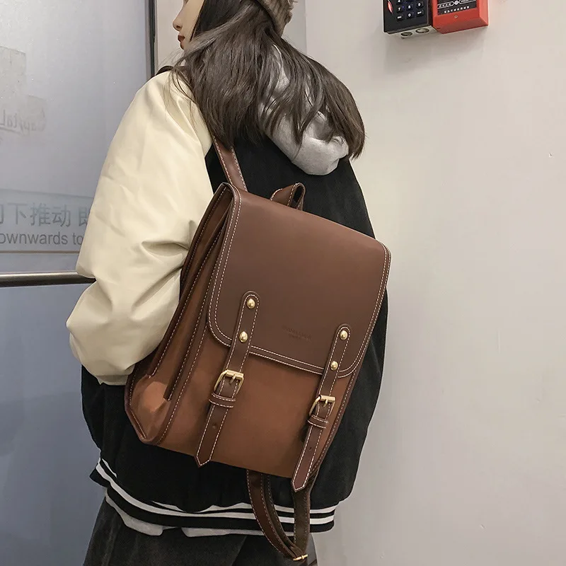 College Style Vintage Fashion JK Student PU School Travel Women Backpack All-match Simple Large Capacity Brown Uniform Schoolbag