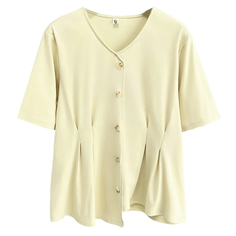 

100 кг новая летняя футболка больших размеров, модная и элегантная женская футболка с v-образным вырезом и нерегулярной завязкой на талии, с короткими рукавами, топ 039