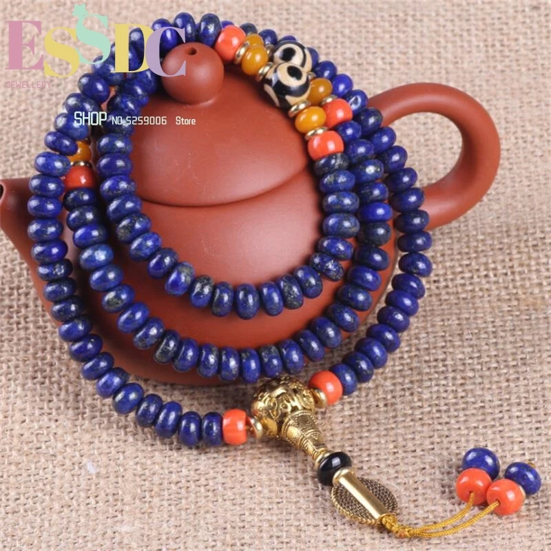 Tibetan Buddhist 108 Beads Natural 6A Lapis Lazuli Stone Blue Folk Transfer Luck Crystal Prayer Bracelet Female Male Jewelry