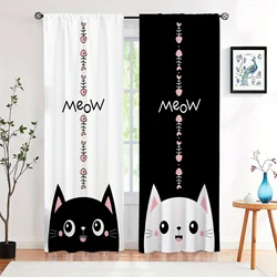 Cute Cat Printed Curtain for Bedroom, Black and White, Kitchen, Living Room, Rod Pocket, Window Treatment, Home Decoration, 2Pcs