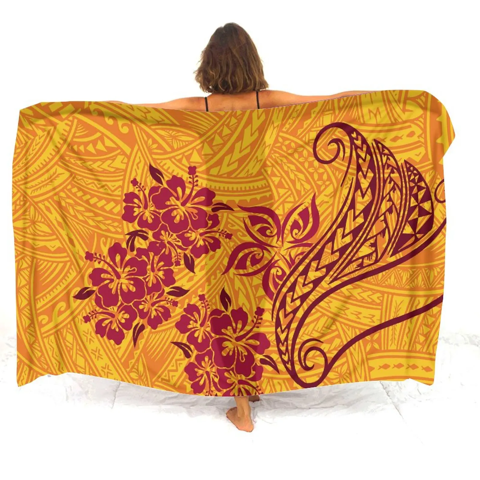 Hibiscus Flower Custom Polynesian Tribal Design Print Sarong Seaside Holiday Women Wrap Sarong One-Piece Shawl Coat Soft Summer