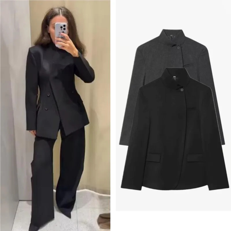 

Women's Suit Jackets Spring Autumn Fashion Full Sleeve Stand Collar Loose Solid Jacket Female Tops Casual Office Lady Outerwear