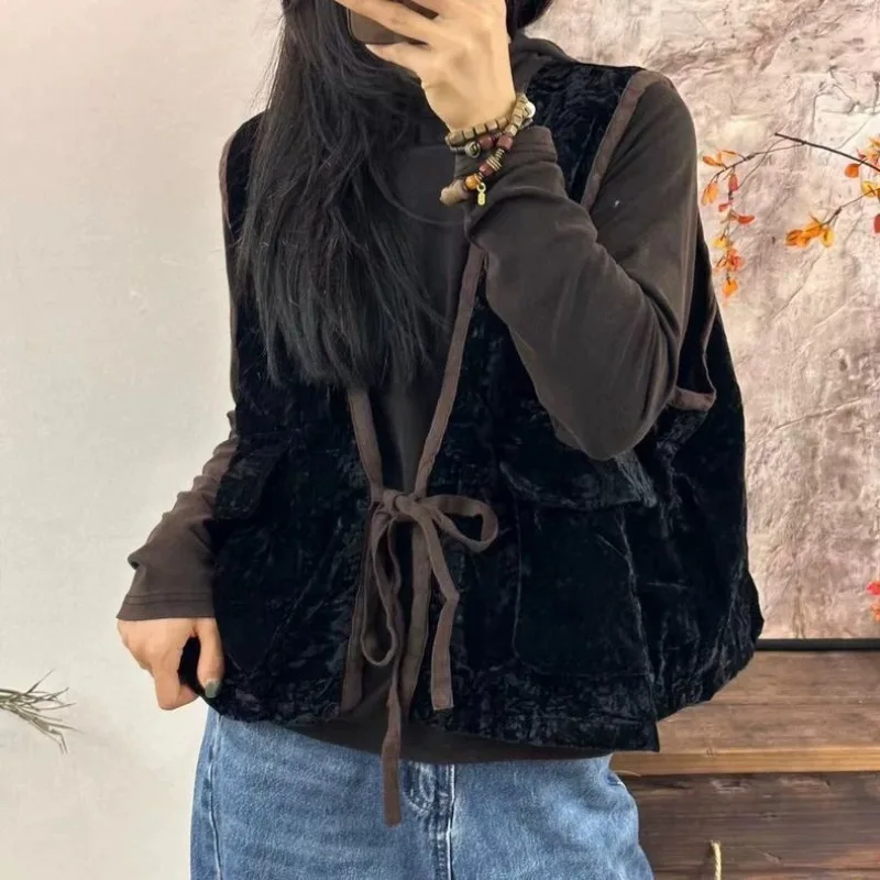 Women's Autumn Winter Tops Coat Vest Sleeveless Lacing Splicing Color Collision V-Neck Retro Slim Loose Casual Simple Soft Niche