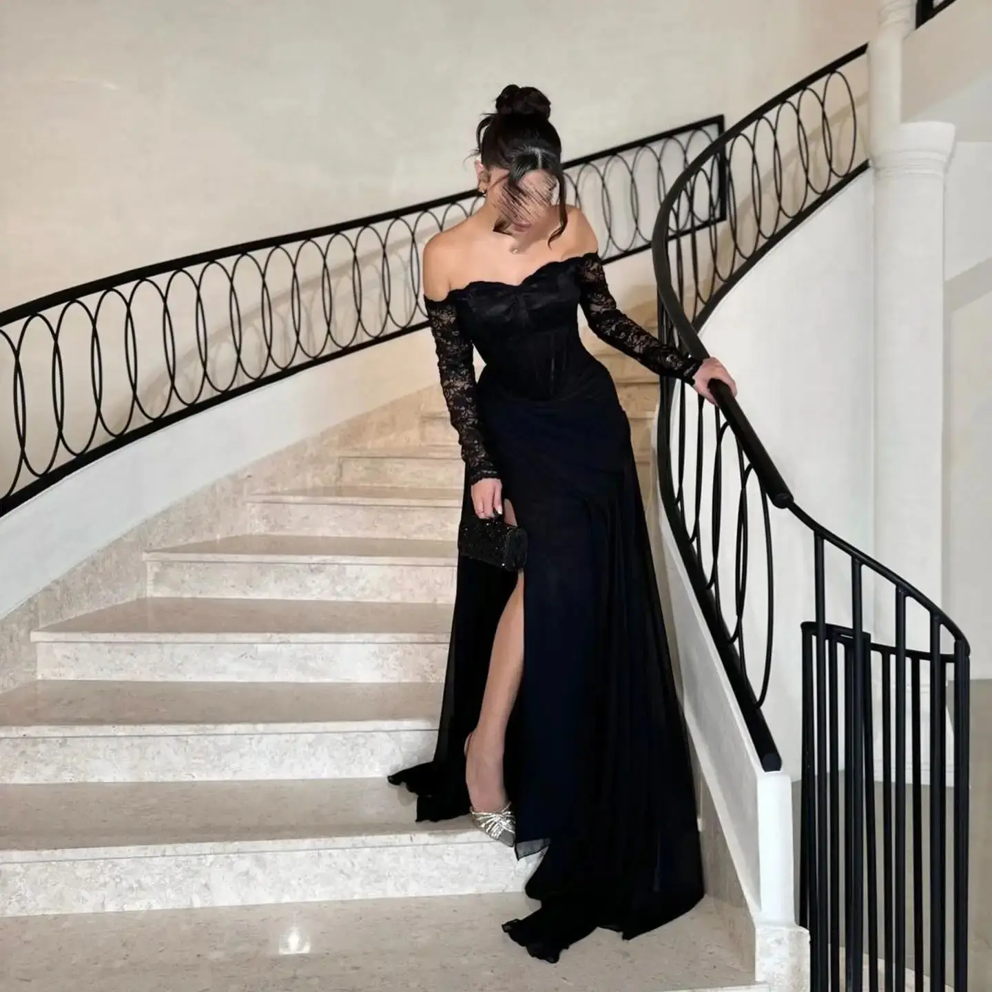 Adeli Elegant Black Off Shoulder Prom Gown Women Lace Chiffon Evening Dress Floor Length customized Special Occasion Dresses