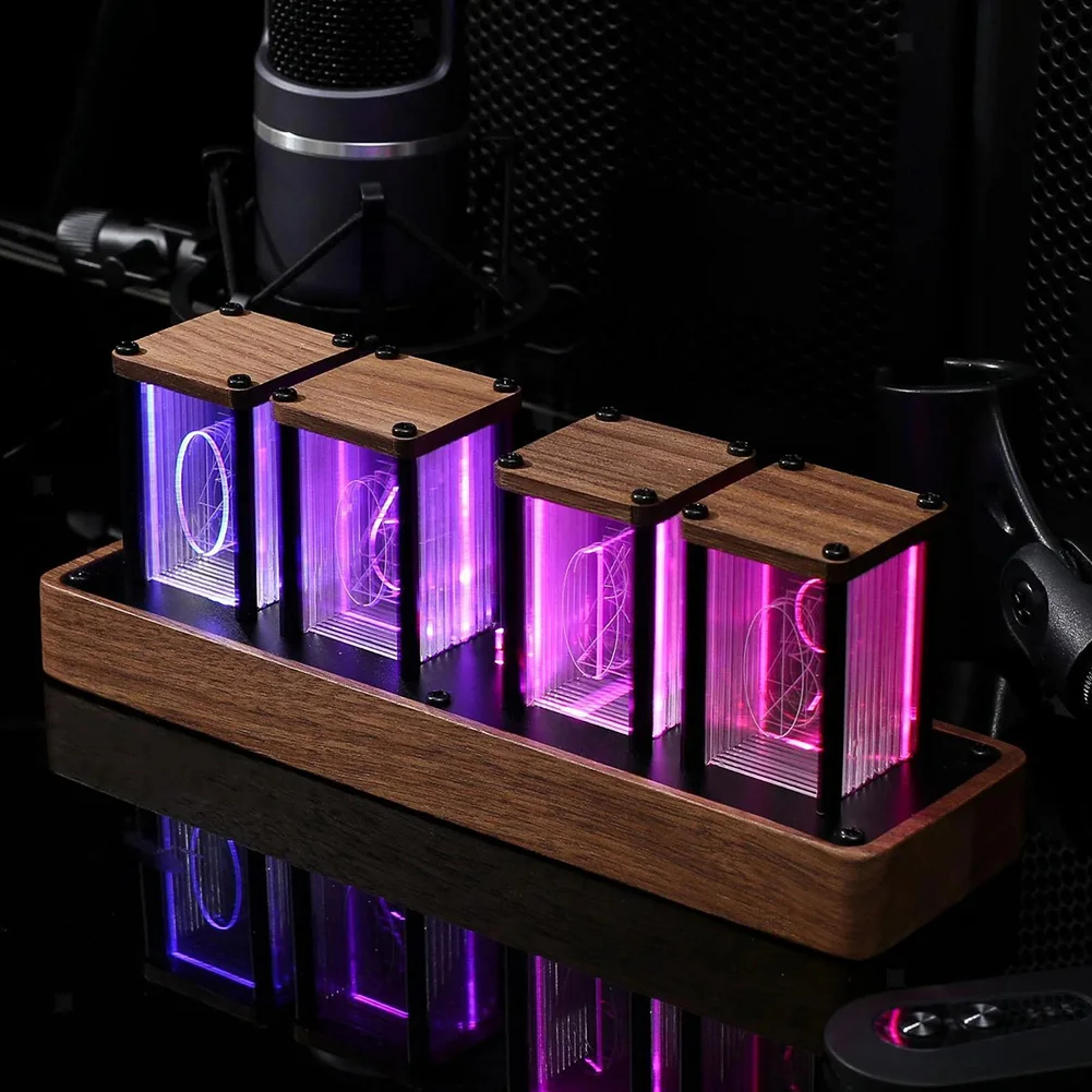 DIY Glow Tube Clock with Wood Frame RGB Digital 4-Digit and 6-Digit Display Features Alarm Timer and Interface