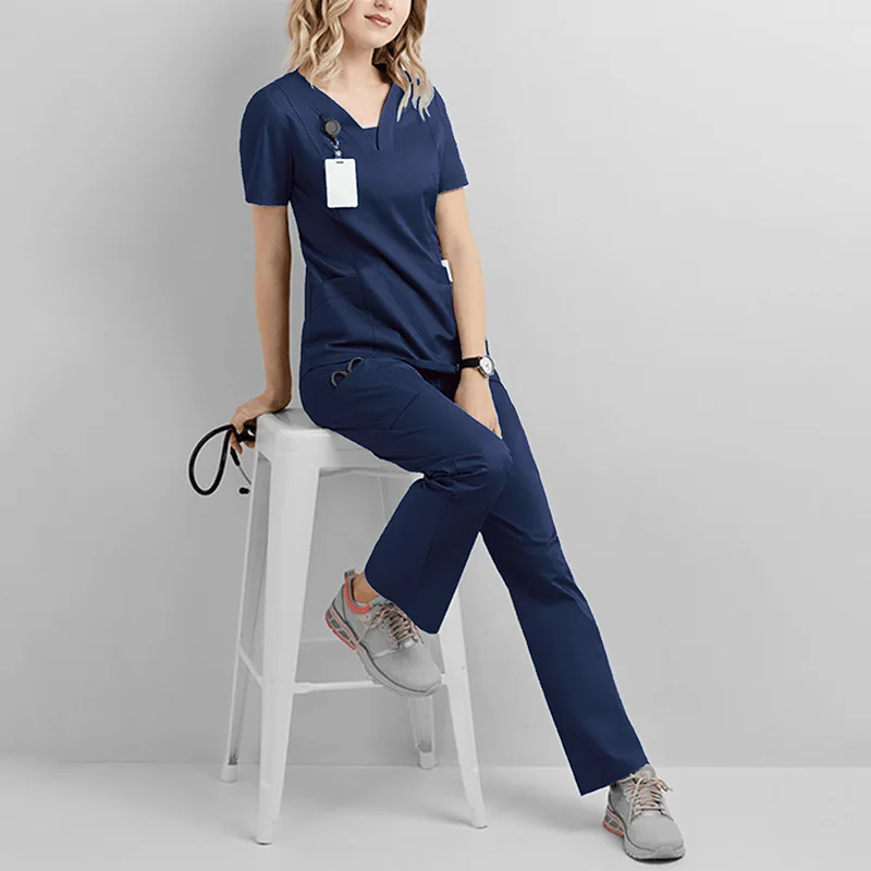 2024 New Fashion Scrub Suits Dental Hospital Uniform Set Solid Color Unisex Surgical Gown Pocket V-neck Scrubs Sets for Women