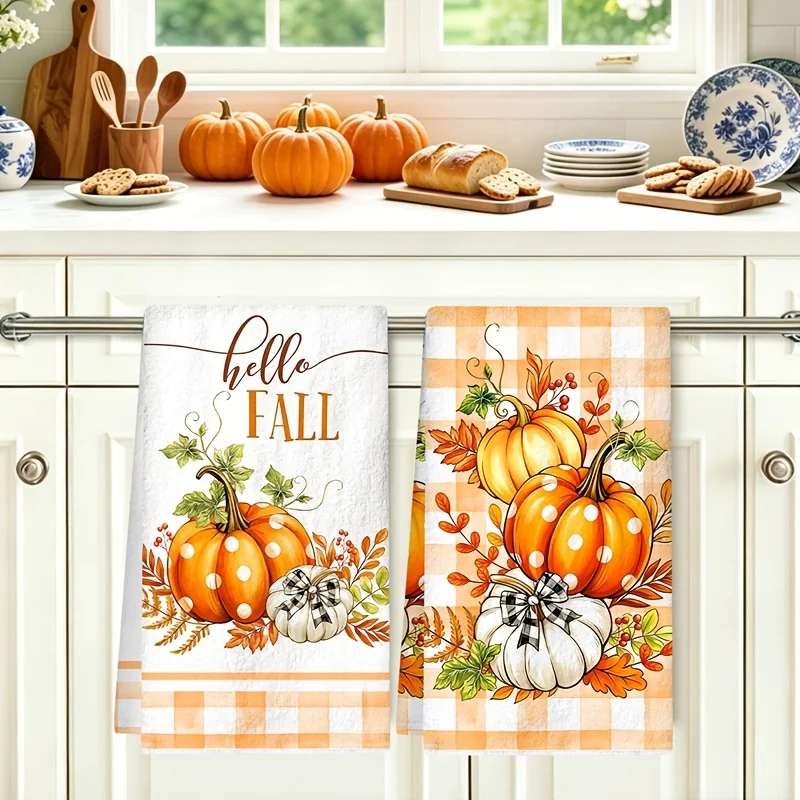 2-Pack Hello Fall Pumpkin Kitchen Towel Soft Microfiber Absorbent Dish Towel, Pumpkin Buffalo Plaid Design Hand Towel