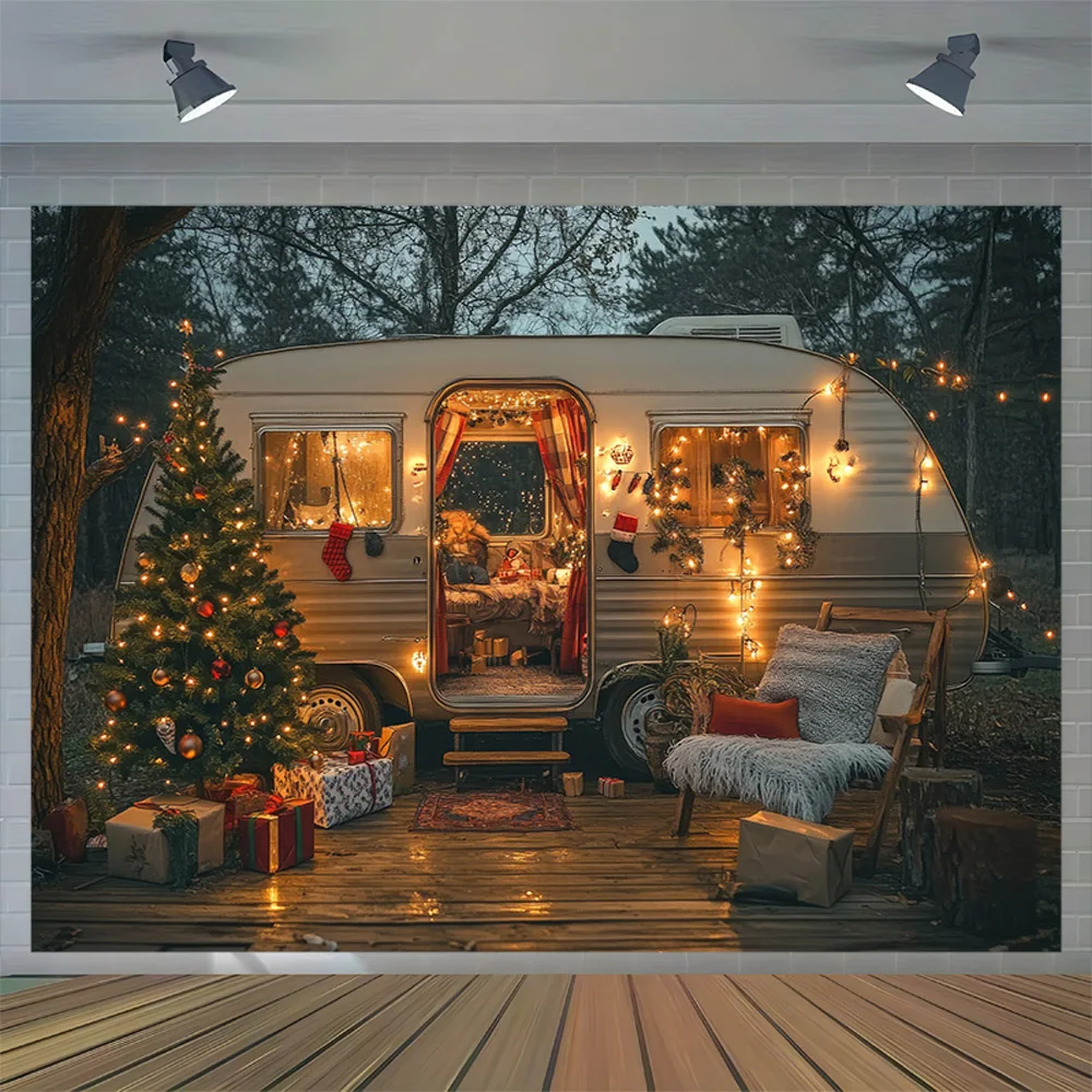 Camping Christmas Scene Cozy Retro Photo Studio Background Fireplace Xmas day New Year Holiday Photography Backdrops Props DC-20