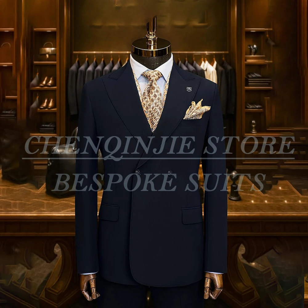 

Темно-синие костюмы для мужчин, высококачественные комплекты из 2-х предметов, куртка и брюки, модная облегающая мужская одежда, деловая одежда, костюм Homme