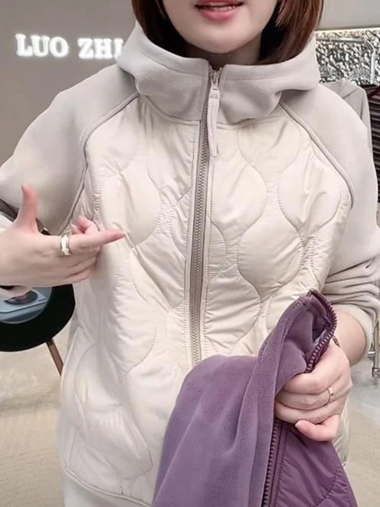 Autumn Winter Women's New Hooded Sweatshirt Thickened Hoodie Outerwear Color Block Zipper Warm Windproof Multi-color Jacket