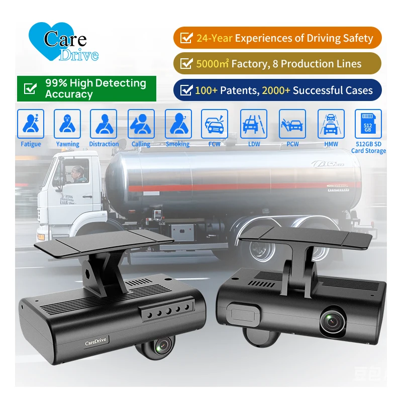

Видеорегистратор CareDrive 1080p с двумя объективами и функциями DSM и ADAS FCW LDW HMW PCW AI Обнаружение пешеходов для автомобилей и вилочных погрузчиков