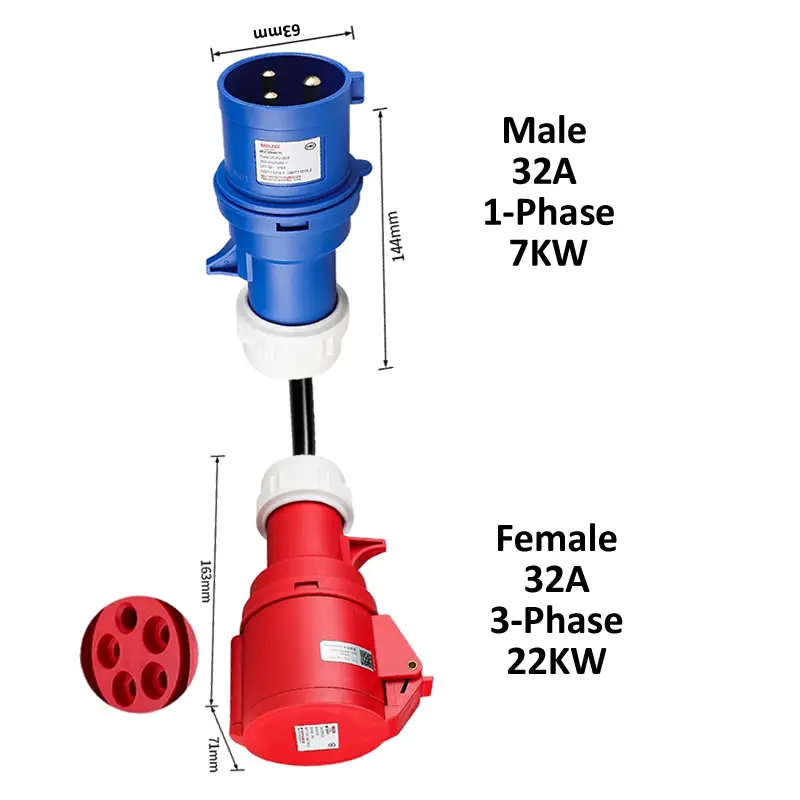 محول شحن السيارة الكهربائية ذكر 32A أزرق 1-Phase 7KW CEE التوصيل إلى أنثى 16A/32A أحمر 3-Phase / Blue 16A 1-phase المقبس