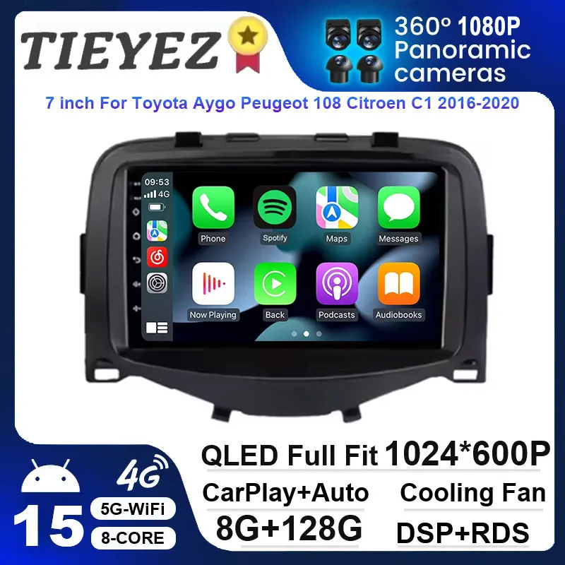 7inch Android 15 Auto Carplay GPS Stereo for Toyota Aygo Peugeot 108 Citroen C1 2016-2020 Multimedia Autoradio with Navigation