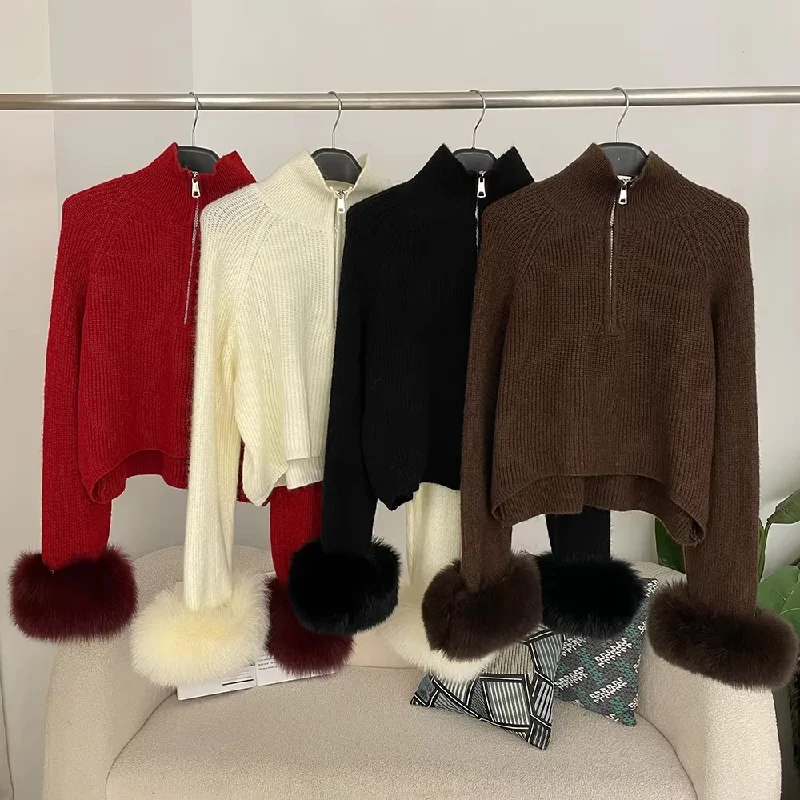QIXHFUR Women's Slim Fit Half Turtleneck Ribbed Knit Sweater Detachable Real Fox Fur Cuff Trim, Warm Layering Top for Winter