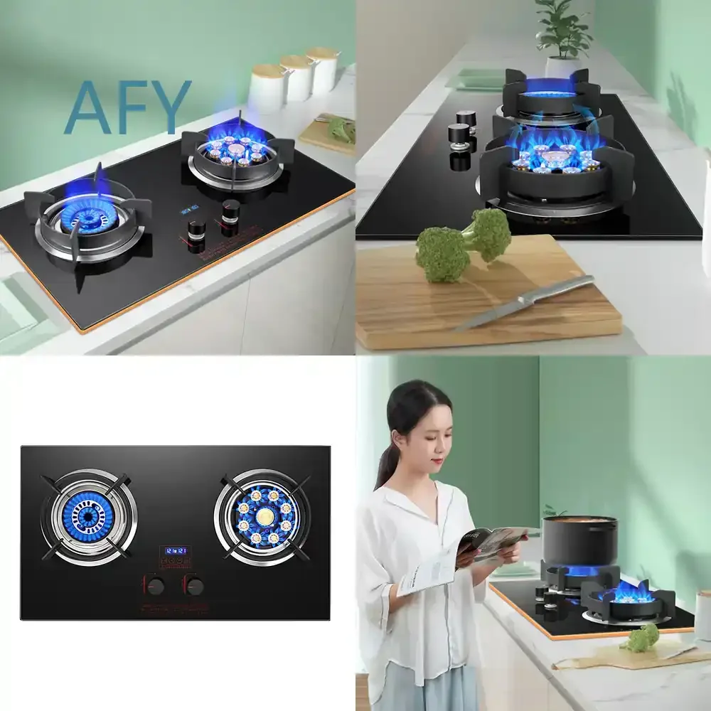 Kitchen Double Gas Burner Stove Built-in Cooktop Hob for Household Gas Panel Fogao Desktop with Timing Function for Gas