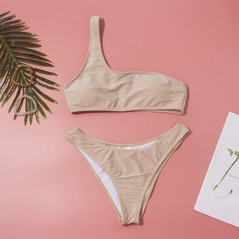 Conjunto de Bikini Sexy de un hombro para mujer, traje de baño brillante para mujer, traje de baño de dos piezas con purpurina de Color sólido