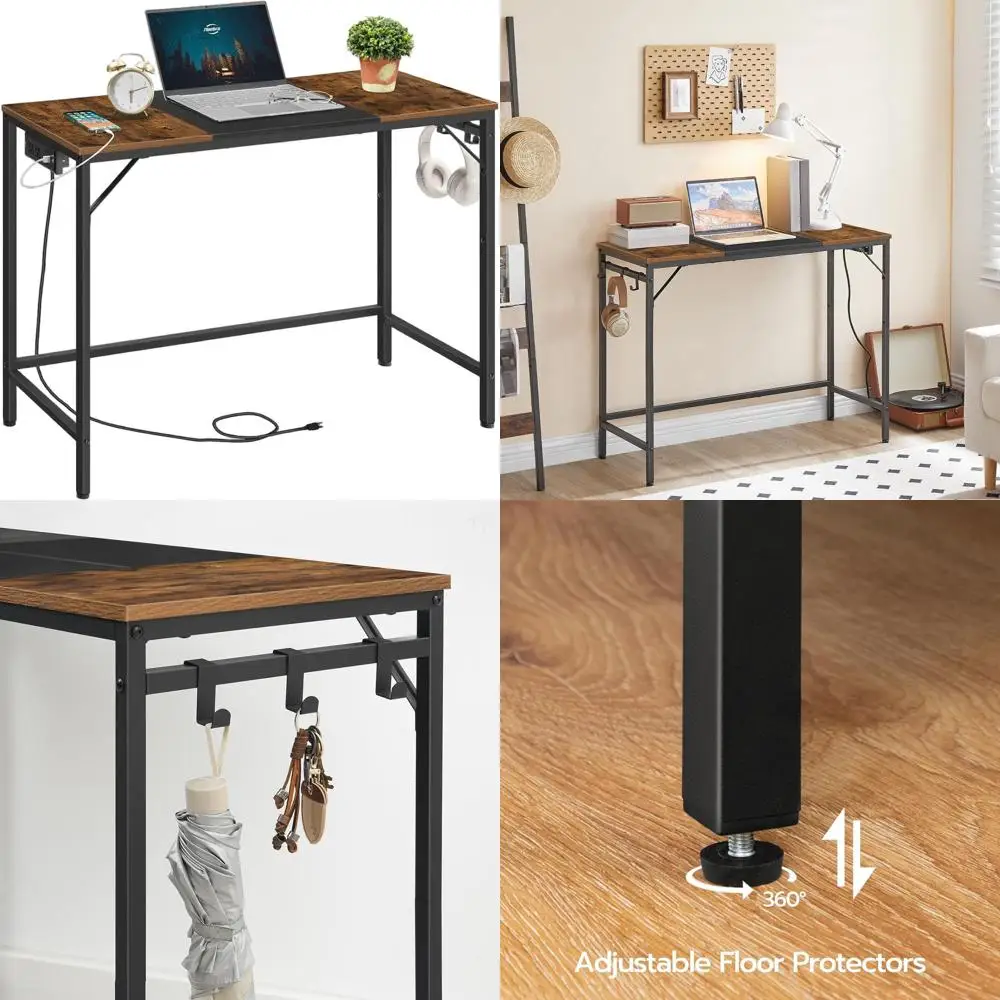 Modern Rustic Brown & Black Home Office Desk with Power Outlet and 3 Hooks for Easy Assembly