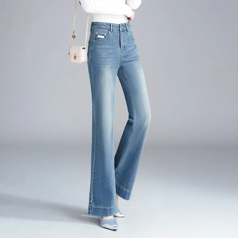 ارتفاع الخصر متوهج السراويل التخسيس الرجعية تمتد الطابق طول الدنيم جرس أسفل السراويل الصيف متوهج قليلا السراويل