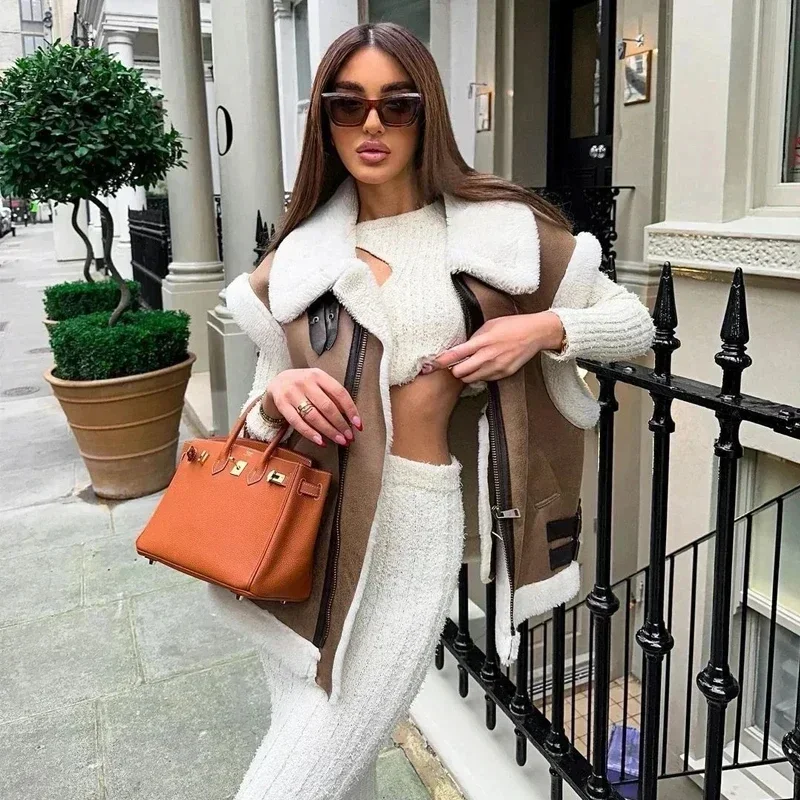 2024Autumn/Winter New Product Women's New Fashion Casual Polo Neck Zipper Tri Color Fleece Panel Tank Top Three color fleece