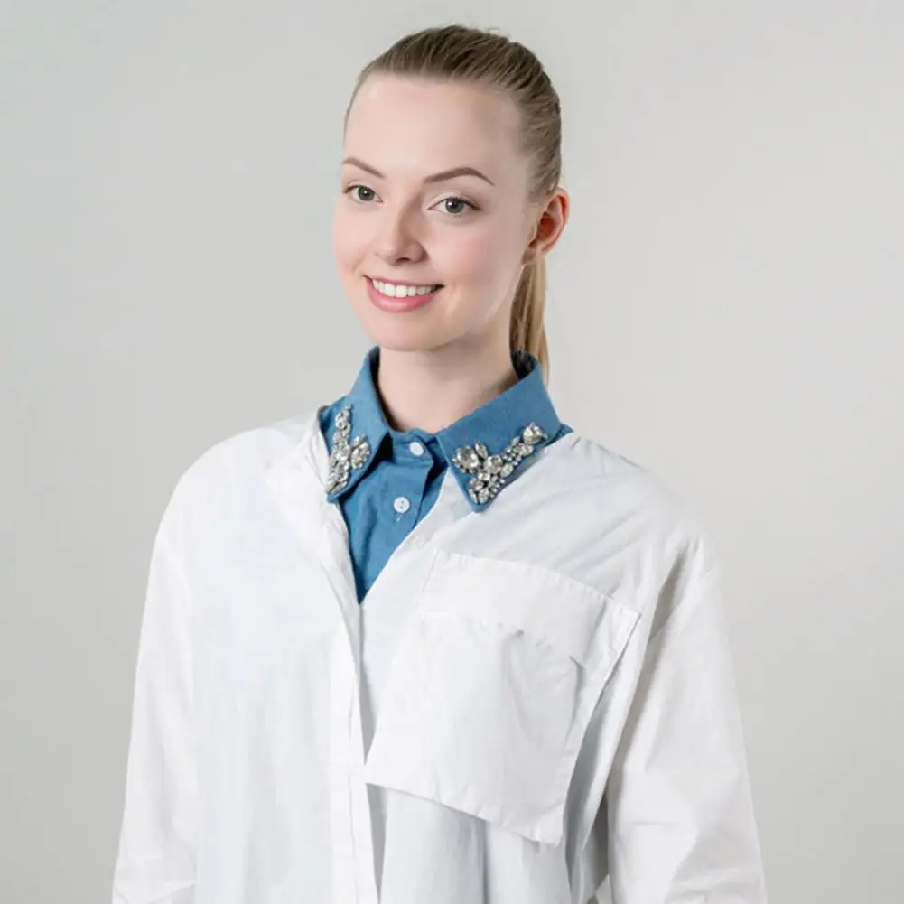 

Comfortable Fit Collar Sparkling Rhinestone Denim Fake Collar with Adjustable Straps Machine Washable Outfit Accessory for Women