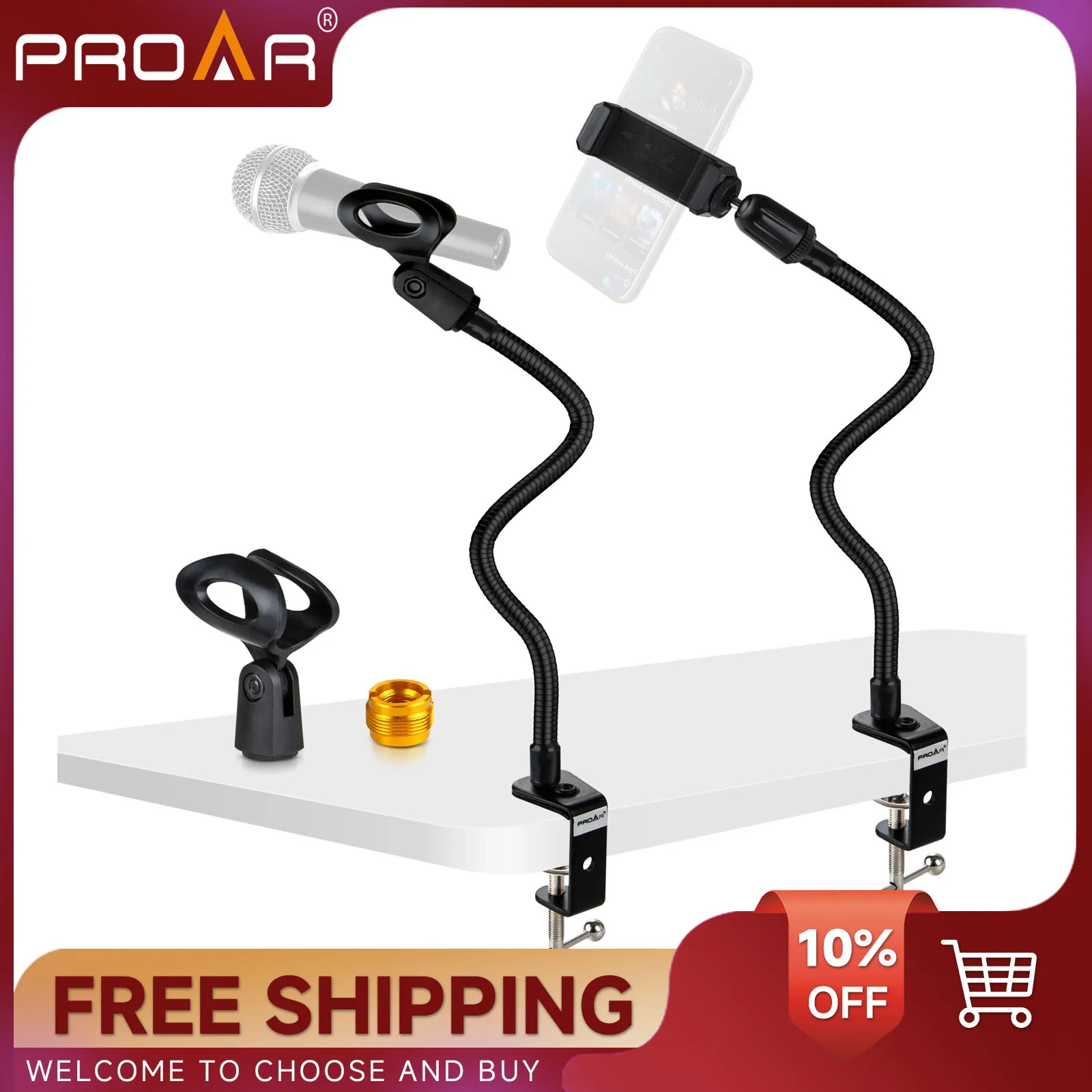 

13" Flexible Gooseneck Microphone Stand / Phone Holder With Heavy Duty Desk Clamp, Mic Clip, 3/8" to 5/8" Screw Adapter For Live