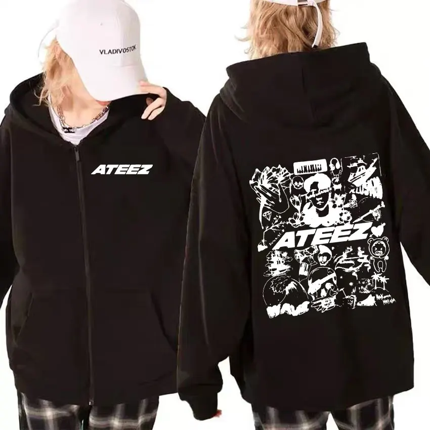 Korean Band Ateez Music Album Zipper Hoodie Men\'s Women Hip Hop Fashion Oversized Zip Up Sweatshirt Retro Pullover Coats Hoodies