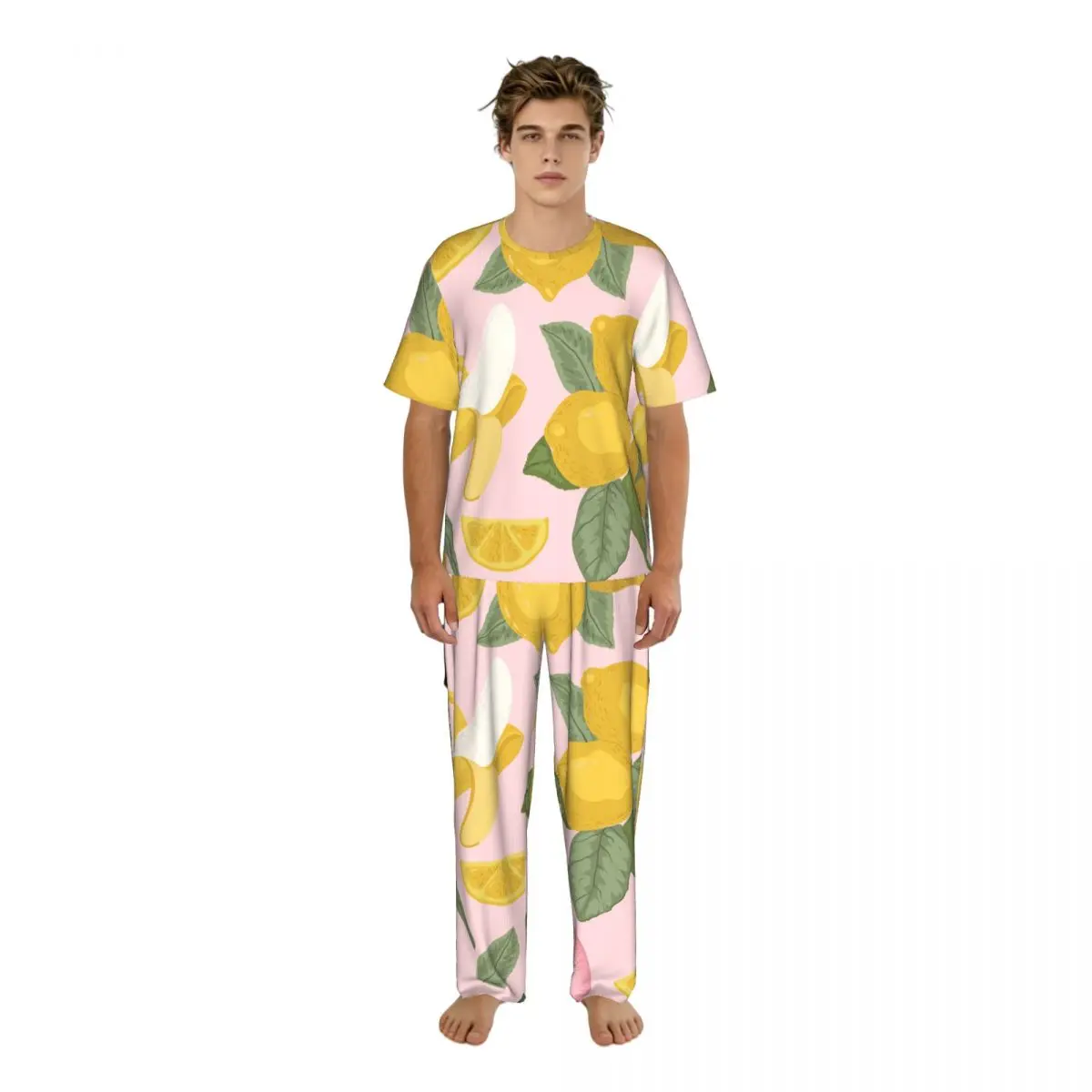 

Men's Pajamas Set Summer Short-Sleeve Tops + Long Pants Nightwear Home Wear Suits Lemons Bananas Sleepwear